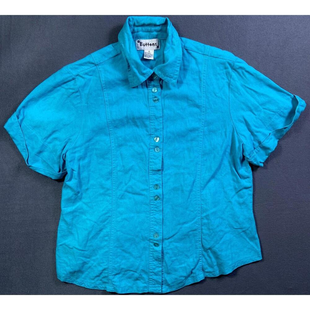 Vintage Buttons Women's 14 Shirt Blue Button Front Short Sleeve Linen Blend VTG